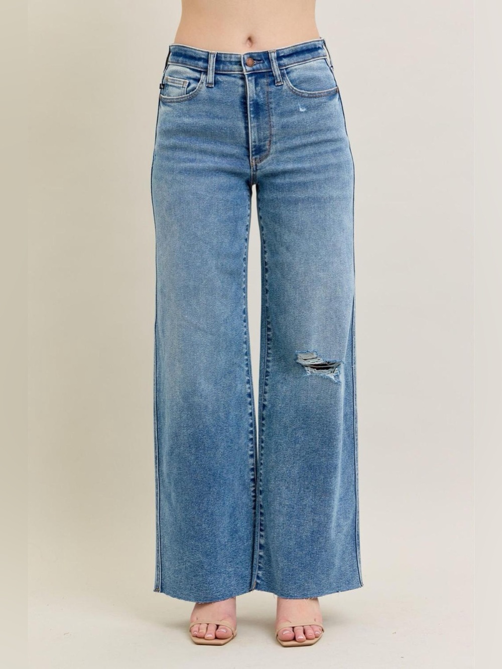 Judy Blue High Waist Vintage Wash Destroy Wide Leg Denim Jeans 8608, sz 14W